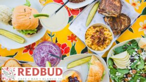 Redbud cafe food on table with the logo on it