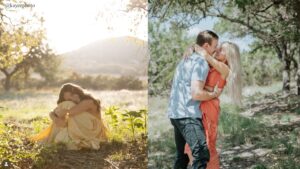 picture of couple kissing on the right and senior picture in the sun on the left